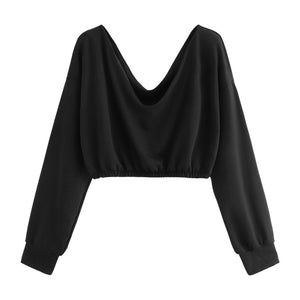 Feitong Fashion Women Cropped Sweatshirt Solid Deep V-Neck Long Sleeve Collect Waist Crop Sweatshirt Top camisa de entrenamiento