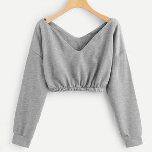 Feitong Fashion Women Cropped Sweatshirt Solid Deep V-Neck Long Sleeve Collect Waist Crop Sweatshirt Top camisa de entrenamiento