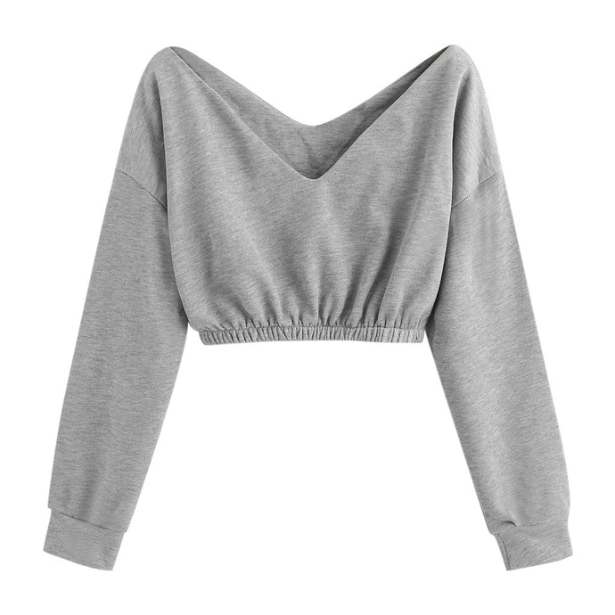 Feitong Fashion Women Cropped Sweatshirt Solid Deep V-Neck Long Sleeve Collect Waist Crop Sweatshirt Top camisa de entrenamiento